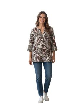 Austin Reed Tunic Top Womens Size 8 Multicolor Geometric 3/4 Sleeve V-Neck